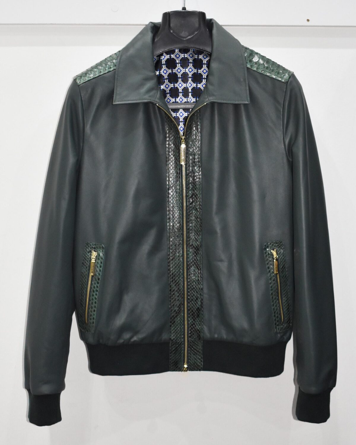 Emerald Green Leather Bomber Jacket | Subtle Genuine Python Skin Trim | Men's Luxury Zip Coat