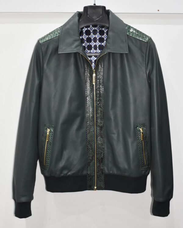 Emerald Green Leather Bomber Jacket | Subtle Genuine Python Skin Trim | Men's Luxury Zip Coat
