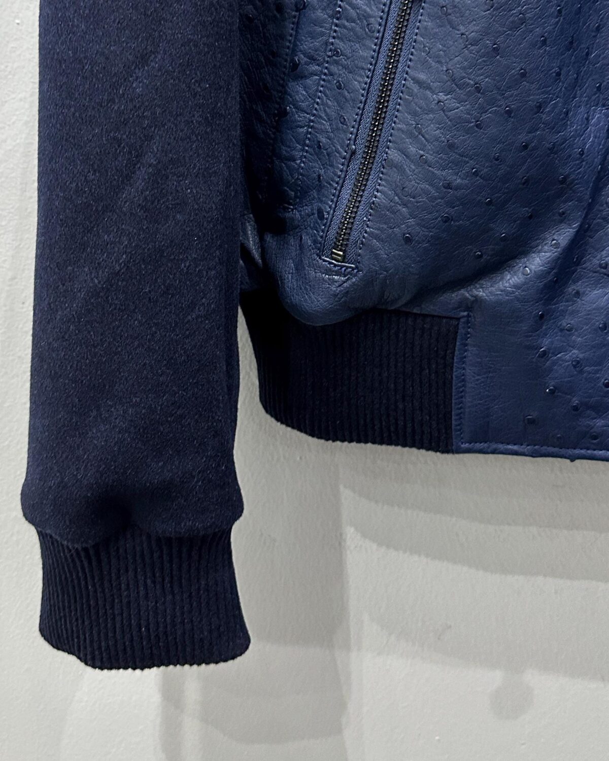 695e599159f447123fa4e917.jpg Navy Blue Ostrich Leather Wool Bomber Jacket | Luxury Men's Outerwear