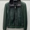 Green Genuine Python Skin Bomber Jacket | Luxury Mink Fur Collar Leather Coat