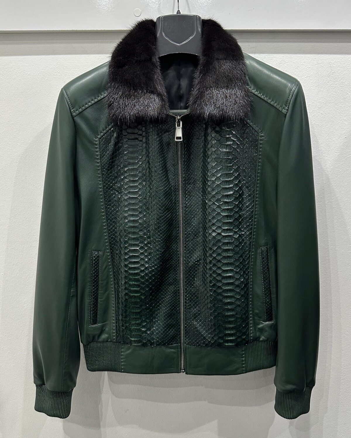Green Genuine Python Skin Bomber Jacket | Luxury Mink Fur Collar Leather Coat