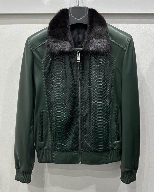 Green Genuine Python Skin Bomber Jacket | Luxury Mink Fur Collar Leather Coat