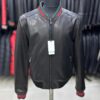 Men's Red Green Italian Colors Black Textured Genuine Leather Bomber Jacket