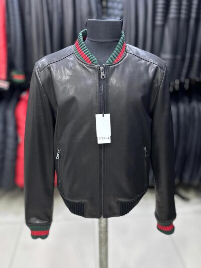 695e599259f447123fa4e91a.jpg Men's Red Green Italian Colors Black Textured Genuine Leather Bomber Jacket