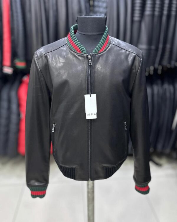 Men's Red Green Italian Colors Black Textured Genuine Leather Bomber Jacket