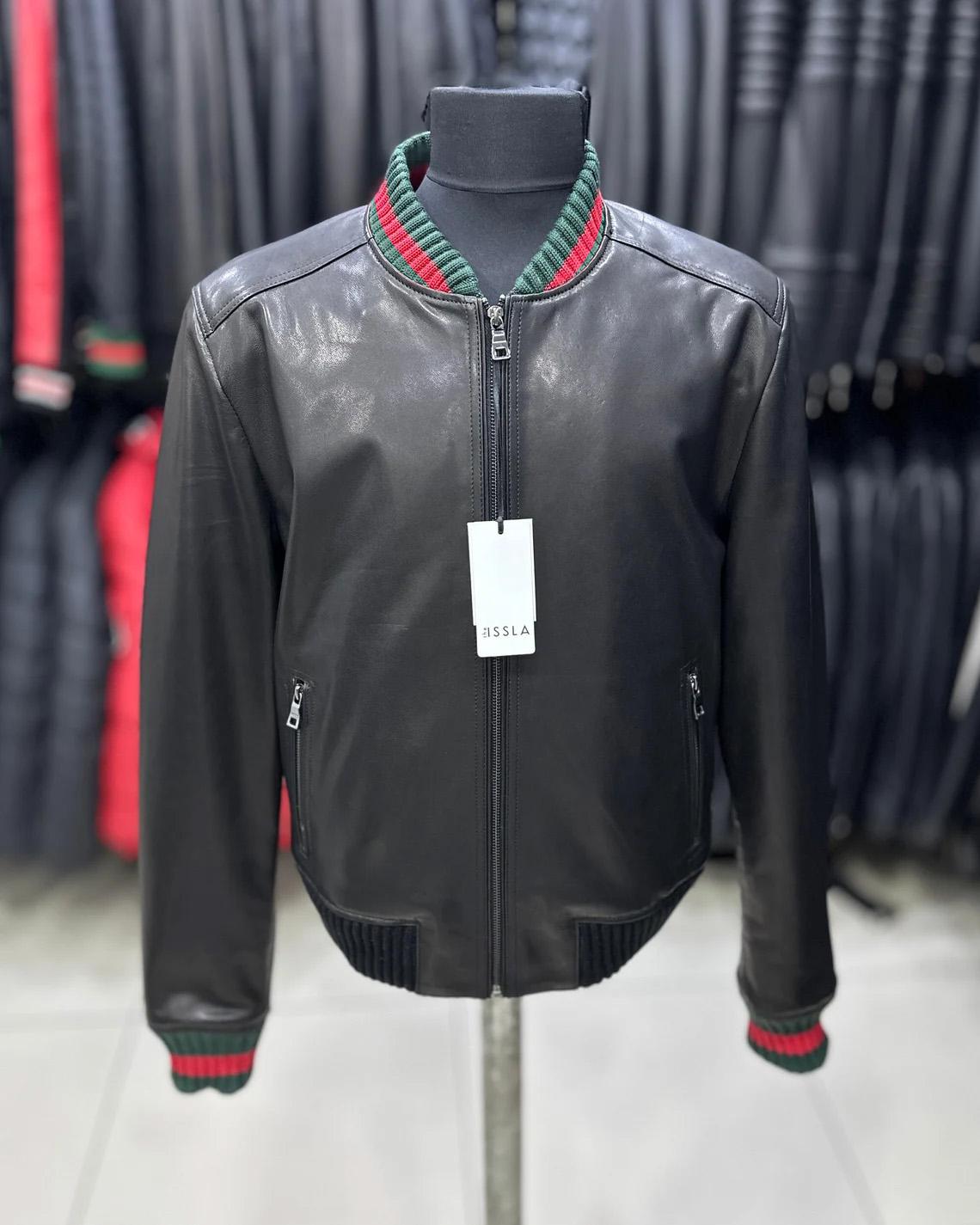 Men's Red Green Italian Colors Black Textured Genuine Leather Bomber Jacket