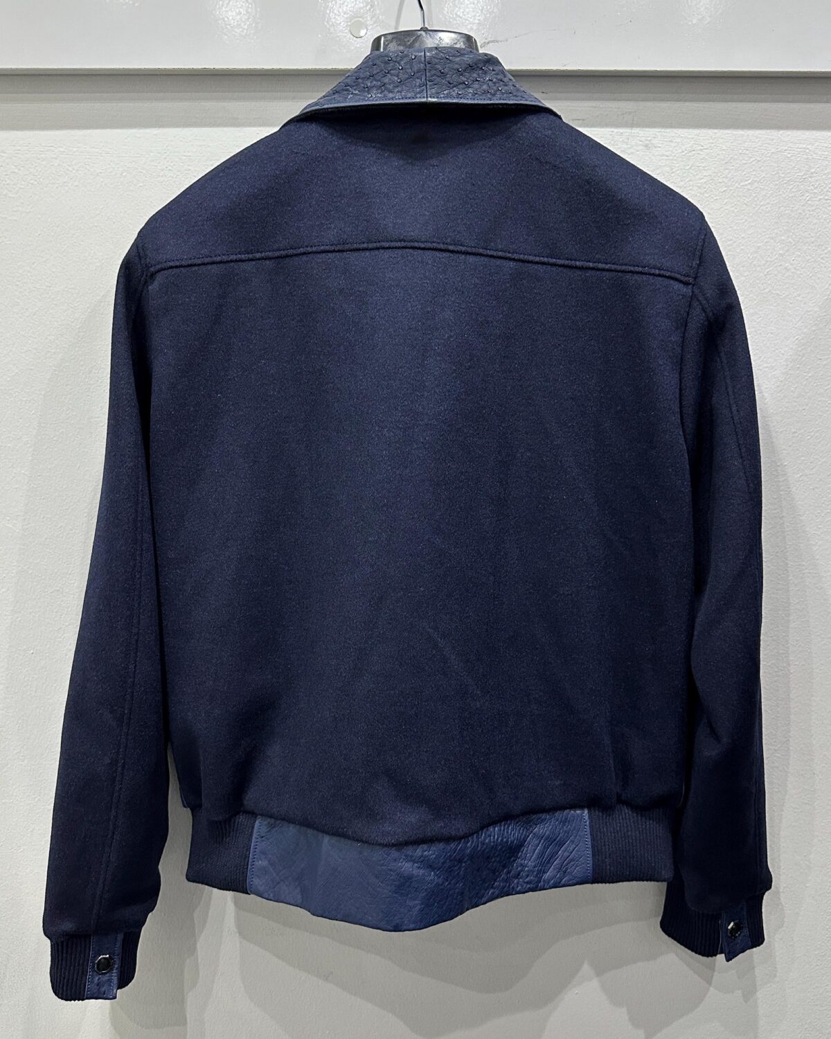 695e599259f447123fa4e924.jpg Navy Blue Ostrich Leather Wool Bomber Jacket | Luxury Men's Outerwear