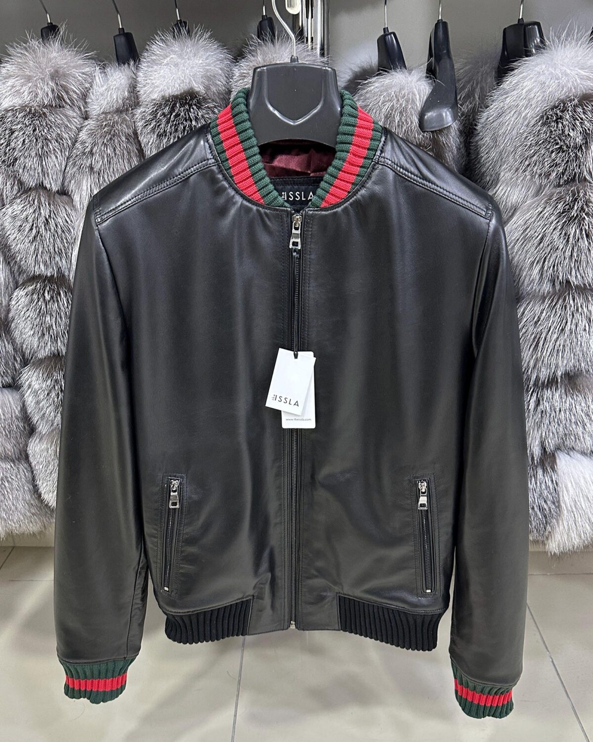 Men's Red Green Italian Colors Black Textured Genuine Leather Bomber Jacket