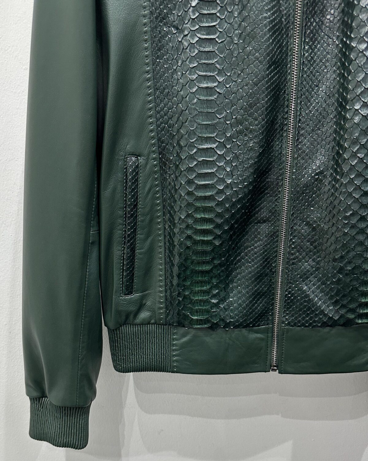 Green Genuine Python Skin Bomber Jacket | Luxury Mink Fur Collar Leather Coat