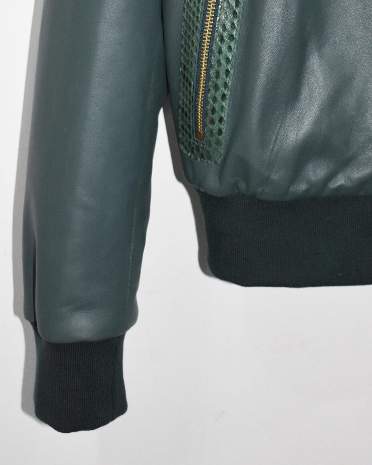 Emerald Green Leather Bomber Jacket | Subtle Genuine Python Skin Trim | Men's Luxury Zip Coat