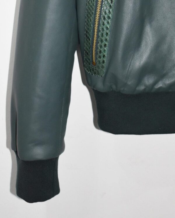 Emerald Green Leather Bomber Jacket | Subtle Genuine Python Skin Trim | Men's Luxury Zip Coat