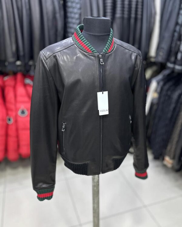 Men's Red Green Italian Colors Black Textured Genuine Leather Bomber Jacket