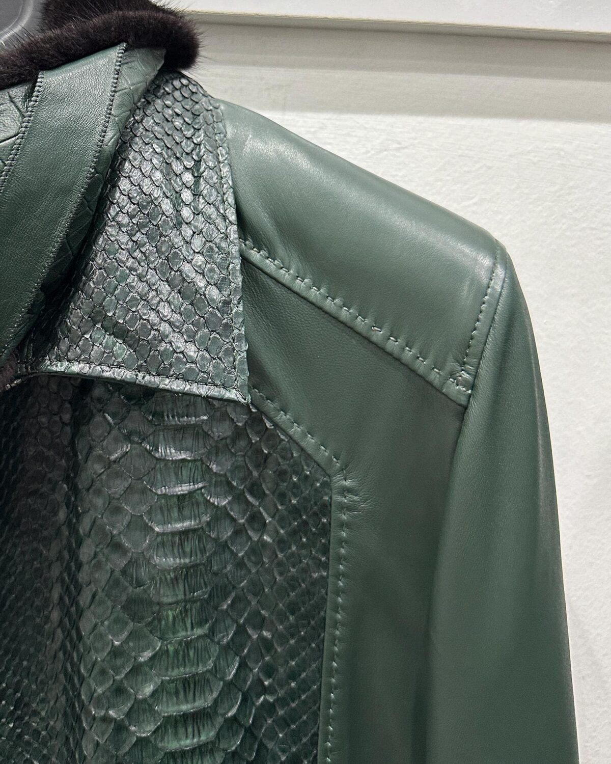 Green Genuine Python Skin Bomber Jacket | Luxury Mink Fur Collar Leather Coat