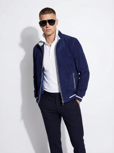 Dark Blue Luxury Metis Suede Bomber Jacket – Genuine Leather Men’s Designer Outerwear
