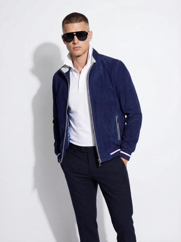 Dark Blue Luxury Metis Suede Bomber Jacket – Genuine Leather Men’s Designer Outerwear