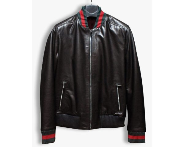 Men's Red Green Italian Colors Black Textured Genuine Leather Bomber Jacket