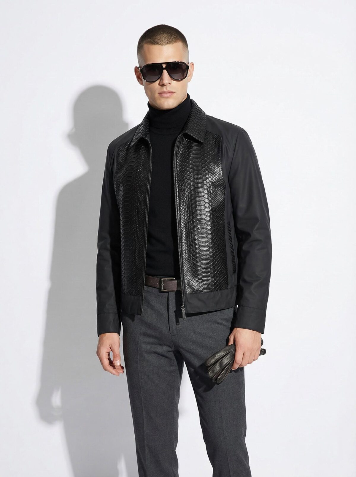 695e599959f447123fa4eac9.jpg Black Men's Bomber Jacket | Genuine Python Skin Panel | Luxury Outerwear