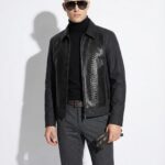 Black Men's Bomber Jacket | Genuine Python Skin Panel | Luxury Outerwear