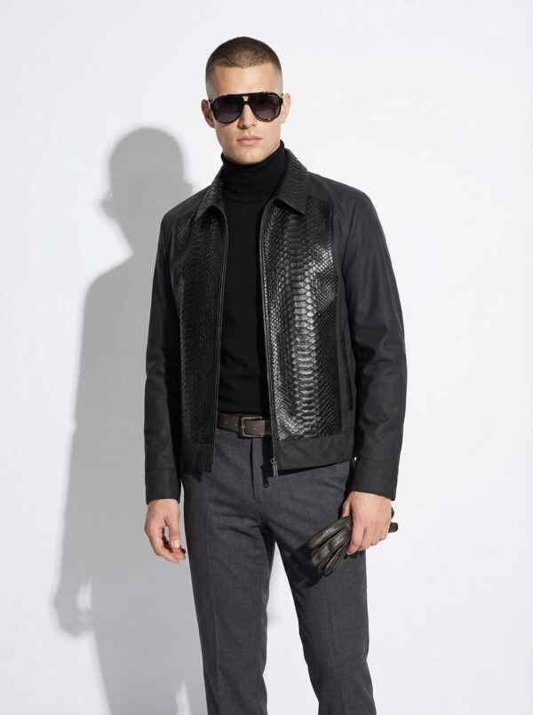 Black Men's Bomber Jacket | Genuine Python Skin Panel | Luxury Outerwear