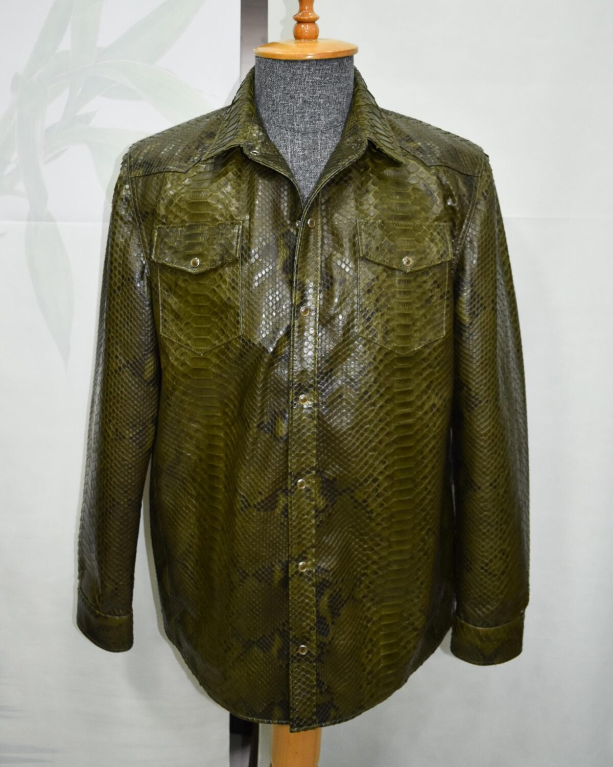 695e599a59f447123fa4ead3.jpg Olive Green Genuine Python Skin Shirt Jacket | Men's Exotic Leather Shacket