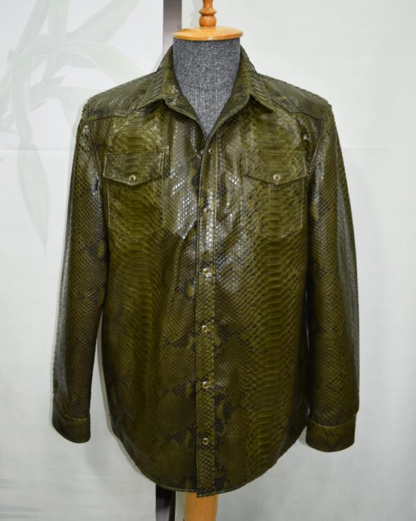 Olive Green Genuine Python Skin Shirt Jacket | Men's Exotic Leather Shacket