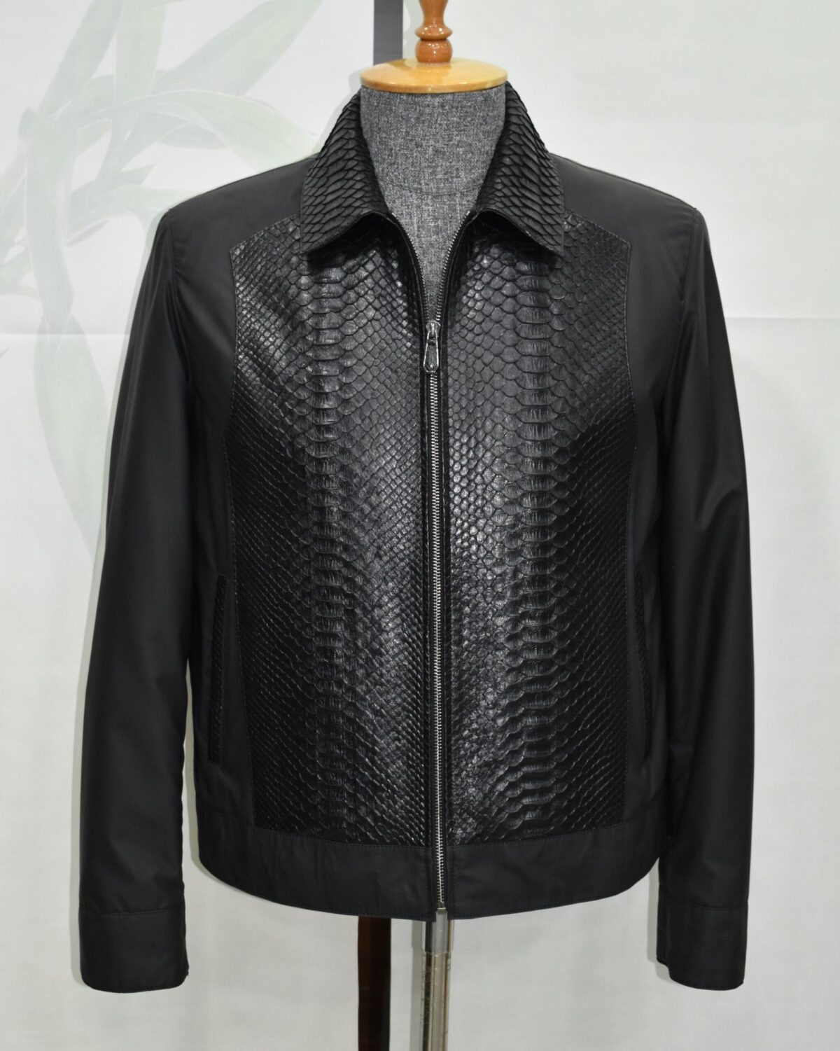 695e599a59f447123fa4eb16.jpg Black Men's Bomber Jacket | Genuine Python Skin Panel | Luxury Outerwear