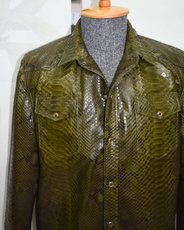 Olive Green Genuine Python Skin Shirt Jacket | Men's Exotic Leather Shacket