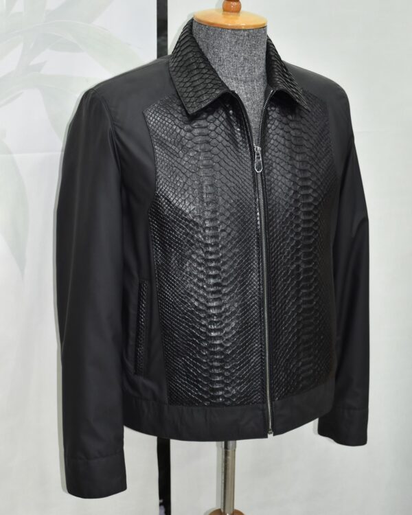 Black Men's Bomber Jacket | Genuine Python Skin Panel | Luxury Outerwear
