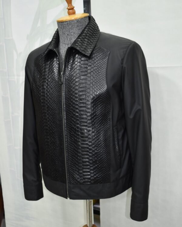 Black Men's Bomber Jacket | Genuine Python Skin Panel | Luxury Outerwear