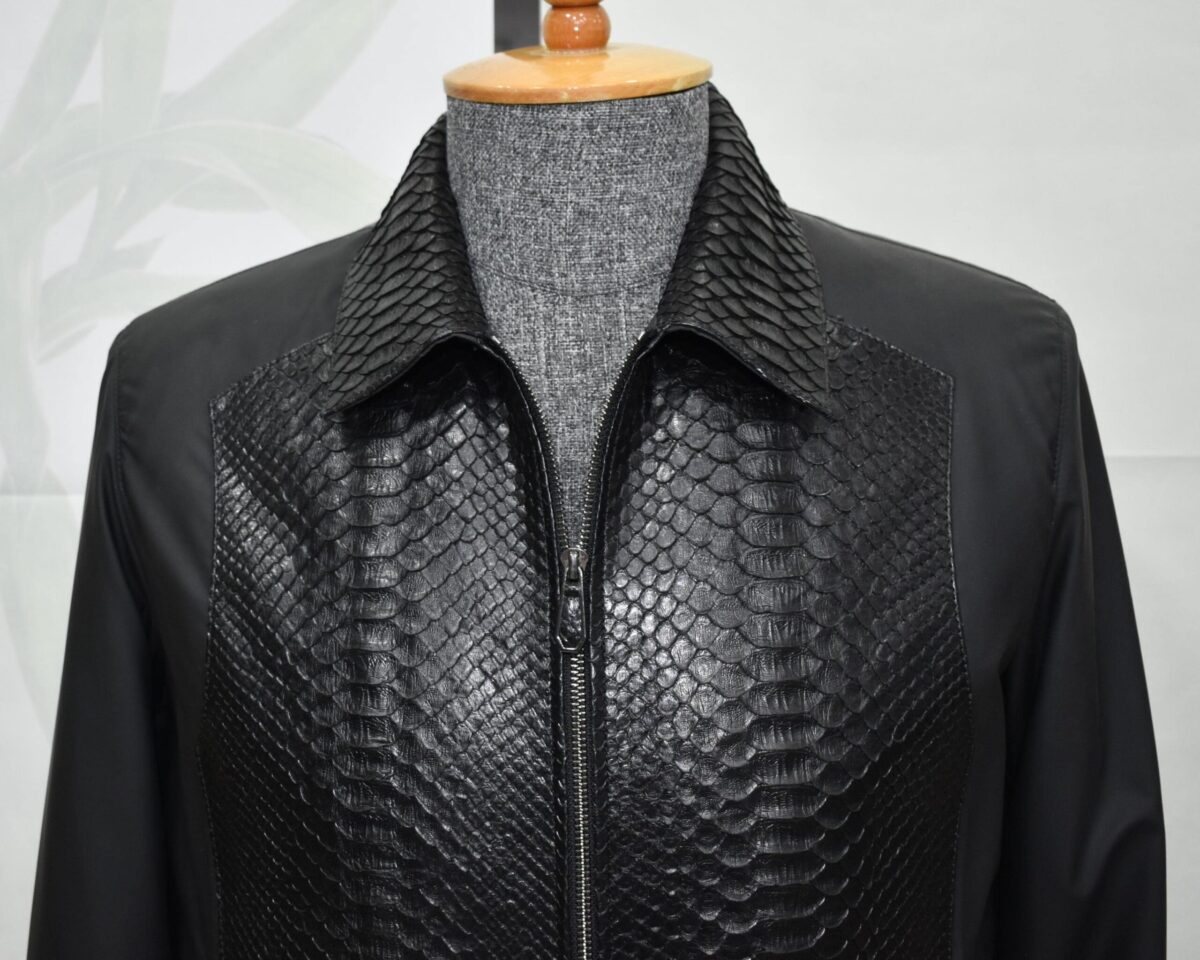695e599e59f447123fa4eb7b.jpg Black Men's Bomber Jacket | Genuine Python Skin Panel | Luxury Outerwear