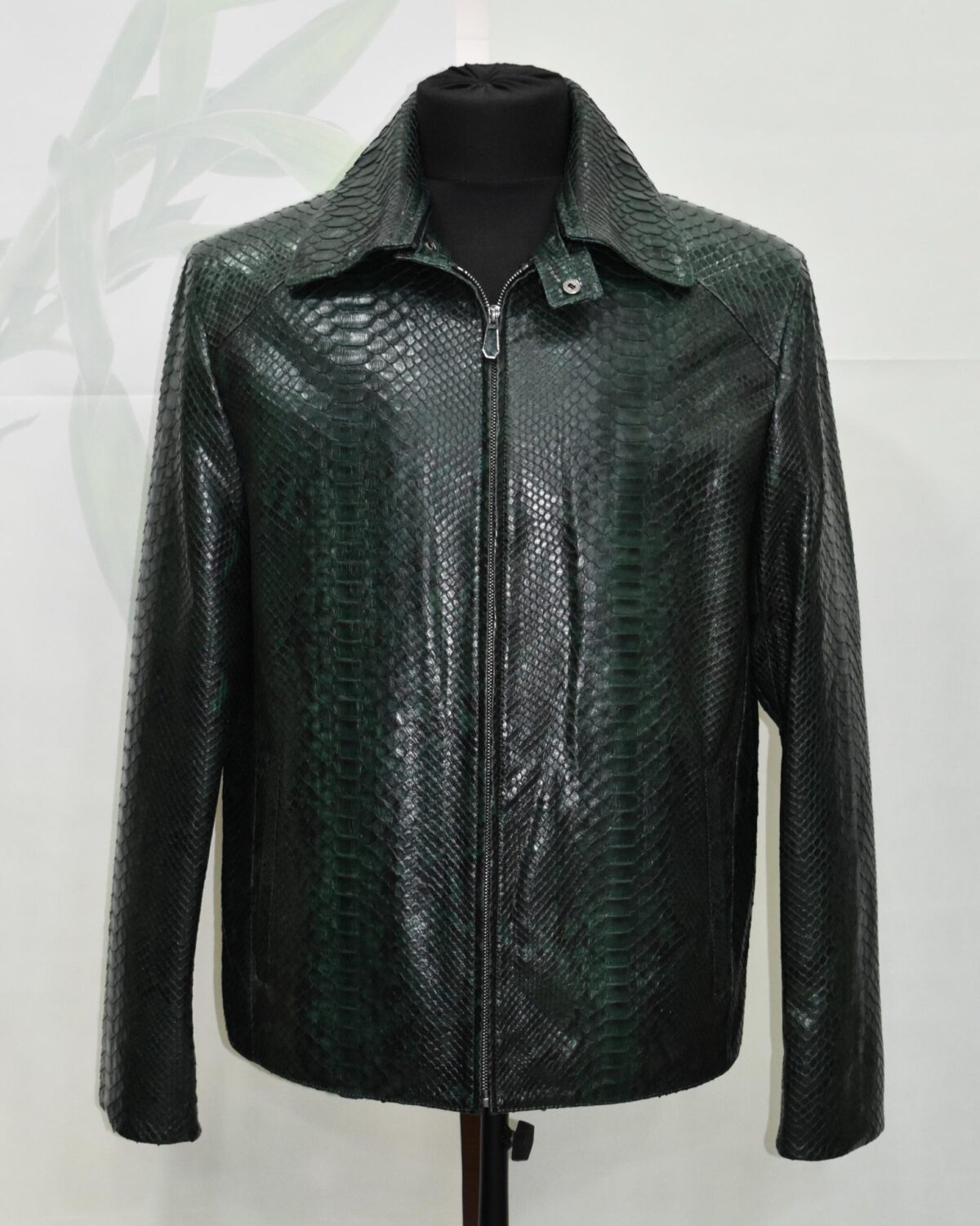 Emerald Green Python Skin Convertible Jacket - Luxury Shirt Stand Collar Exotic Snake Coat