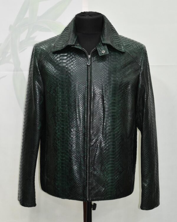 Emerald Green Python Skin Convertible Jacket - Luxury Shirt Stand Collar Exotic Snake Coat
