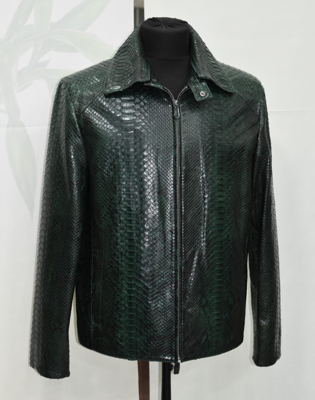 Emerald Green Python Skin Convertible Jacket - Luxury Shirt Stand Collar Exotic Snake Coat