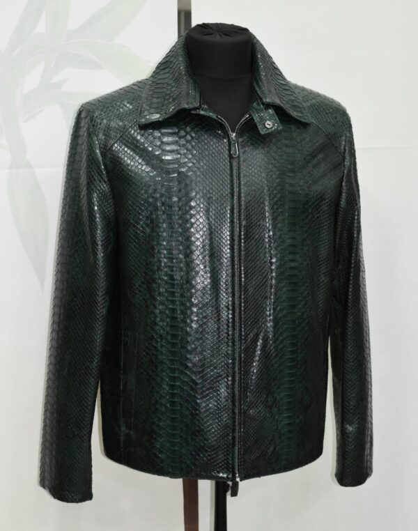 Emerald Green Python Skin Convertible Jacket - Luxury Shirt Stand Collar Exotic Snake Coat