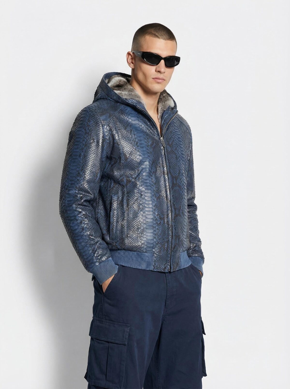 Blue Green Python Bomber Jacket - Rex Rabbit Fur Lined Hooded Exotic Leather Luxury Coat