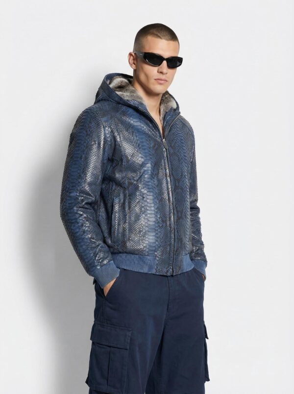 Blue Green Python Bomber Jacket - Rex Rabbit Fur Lined Hooded Exotic Leather Luxury Coat