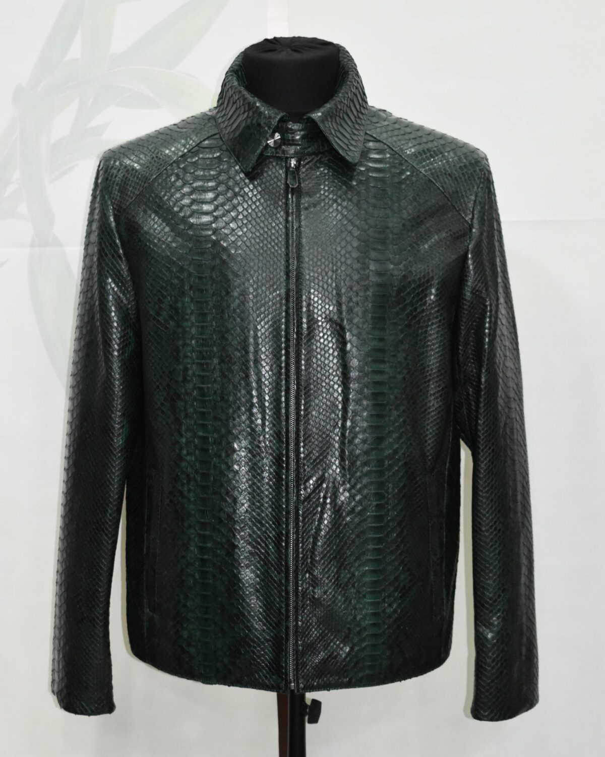 Emerald Green Python Skin Convertible Jacket - Luxury Shirt Stand Collar Exotic Snake Coat