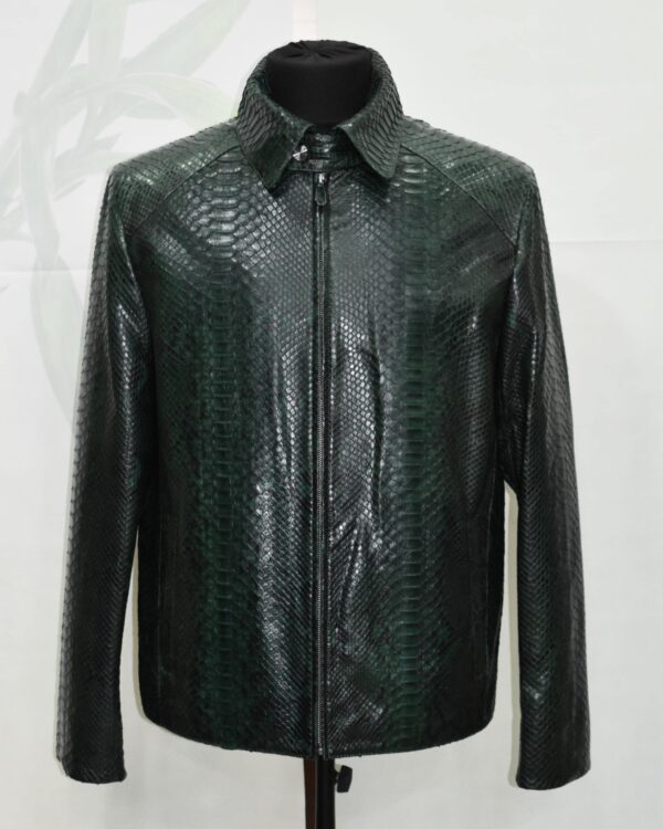 Emerald Green Python Skin Convertible Jacket - Luxury Shirt Stand Collar Exotic Snake Coat