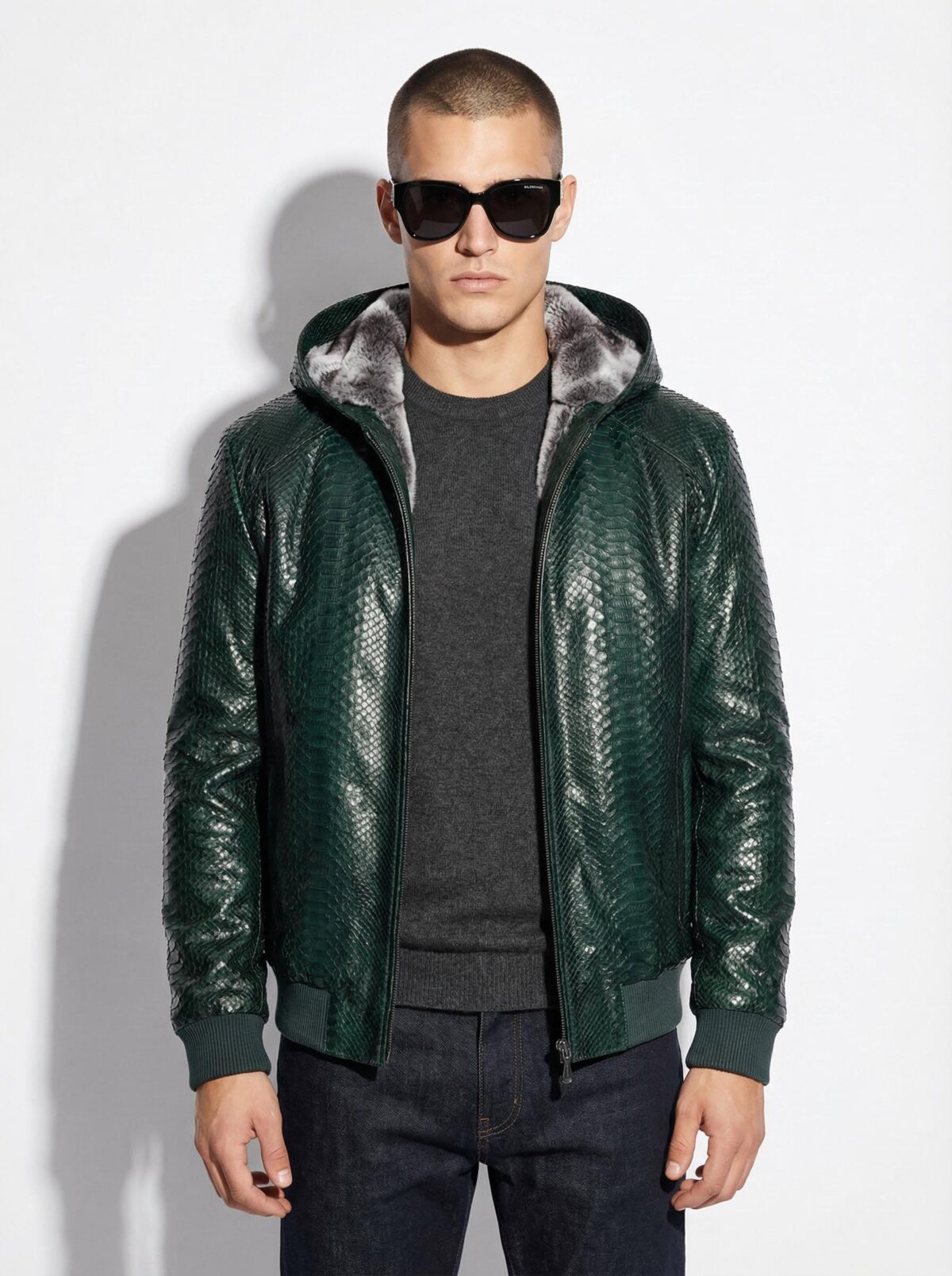 Blue Green Python Bomber Jacket - Rex Rabbit Fur Lined Hooded Exotic Leather Luxury Coat