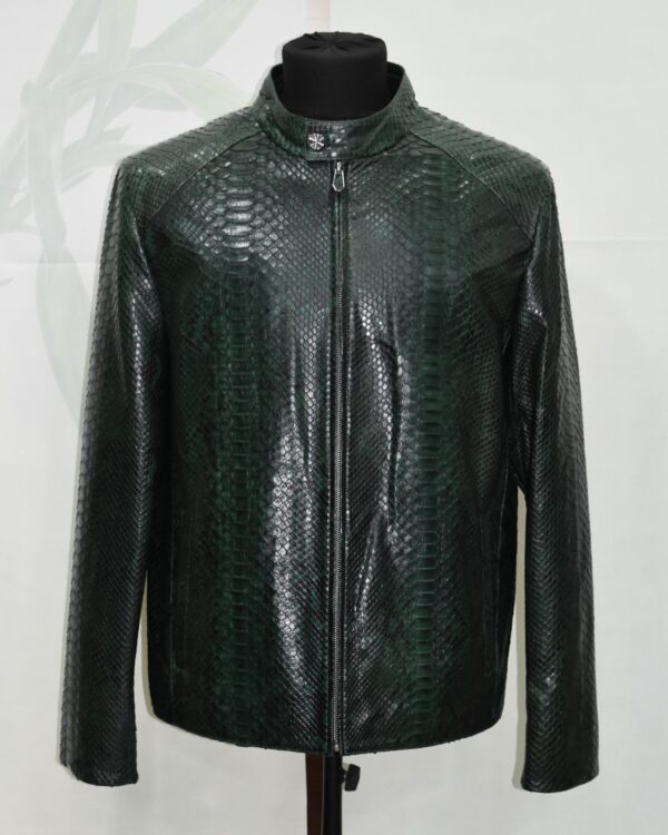 Emerald Green Python Skin Convertible Jacket - Luxury Shirt Stand Collar Exotic Snake Coat