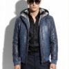 Blue Green Python Bomber Jacket - Rex Rabbit Fur Lined Hooded Exotic Leather Luxury Coat