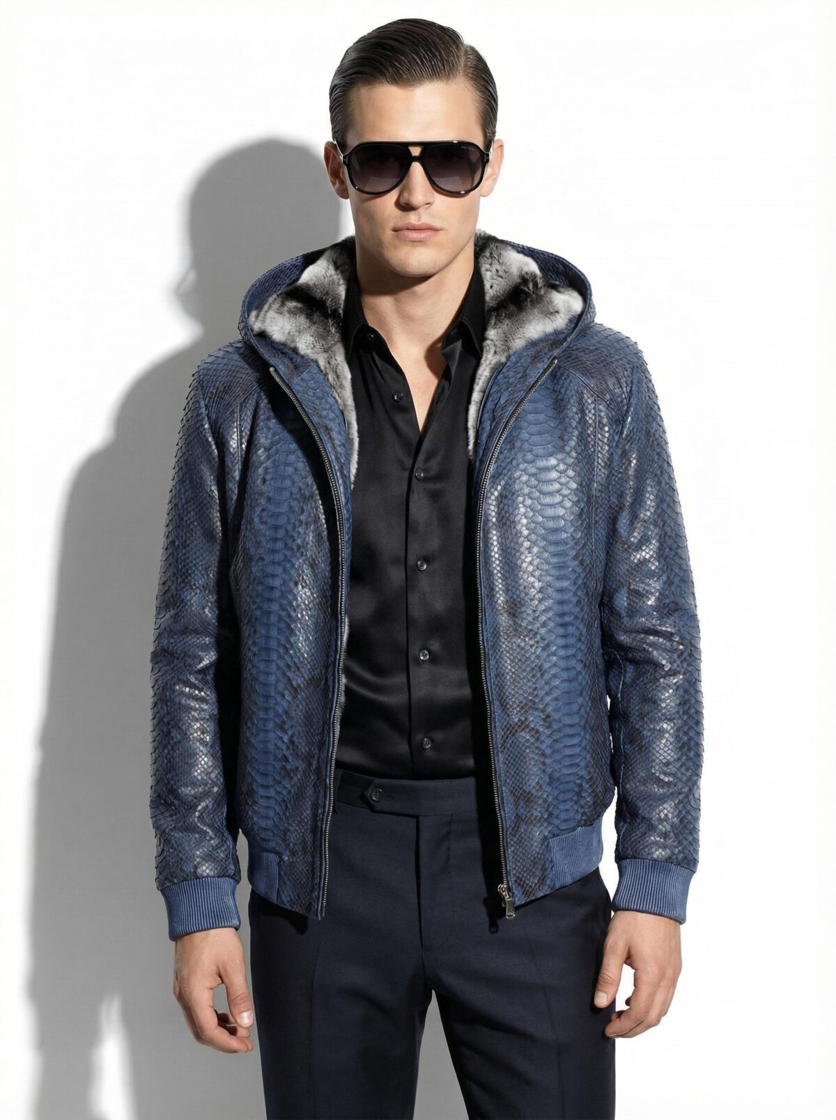 Blue Green Python Bomber Jacket - Rex Rabbit Fur Lined Hooded Exotic Leather Luxury Coat