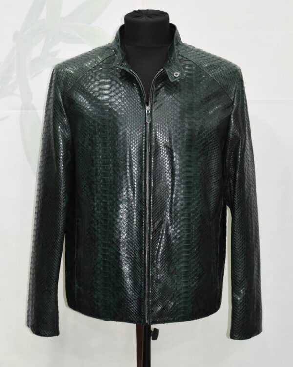 Emerald Green Python Skin Convertible Jacket - Luxury Shirt Stand Collar Exotic Snake Coat