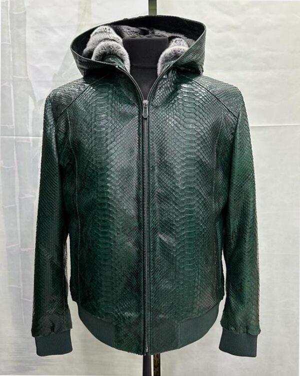Blue Green Python Bomber Jacket - Rex Rabbit Fur Lined Hooded Exotic Leather Luxury Coat