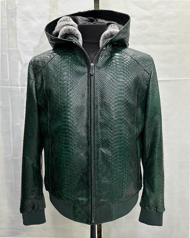 Blue Green Python Bomber Jacket - Rex Rabbit Fur Lined Hooded Exotic Leather Luxury Coat