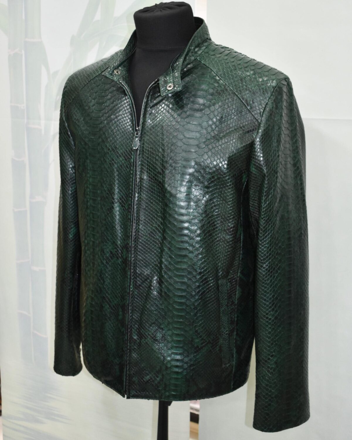 Emerald Green Python Skin Convertible Jacket - Luxury Shirt Stand Collar Exotic Snake Coat