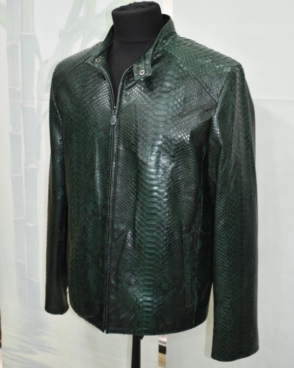 Emerald Green Python Skin Convertible Jacket - Luxury Shirt Stand Collar Exotic Snake Coat