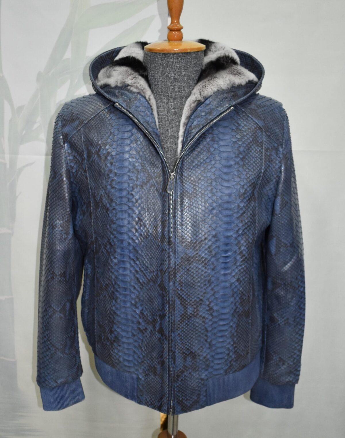 Blue Green Python Bomber Jacket - Rex Rabbit Fur Lined Hooded Exotic Leather Luxury Coat