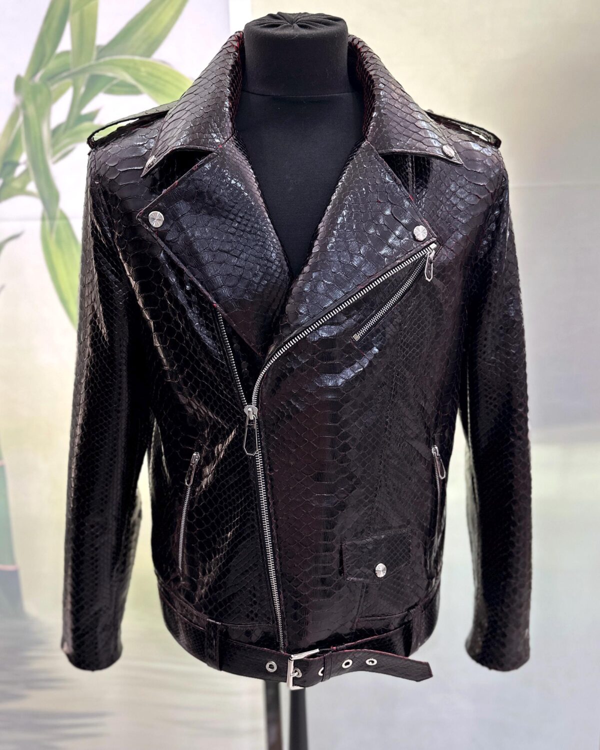 Deep Red Black Python Leather Biker Jacket - Exotic Snake Skin Motorcycle Coat