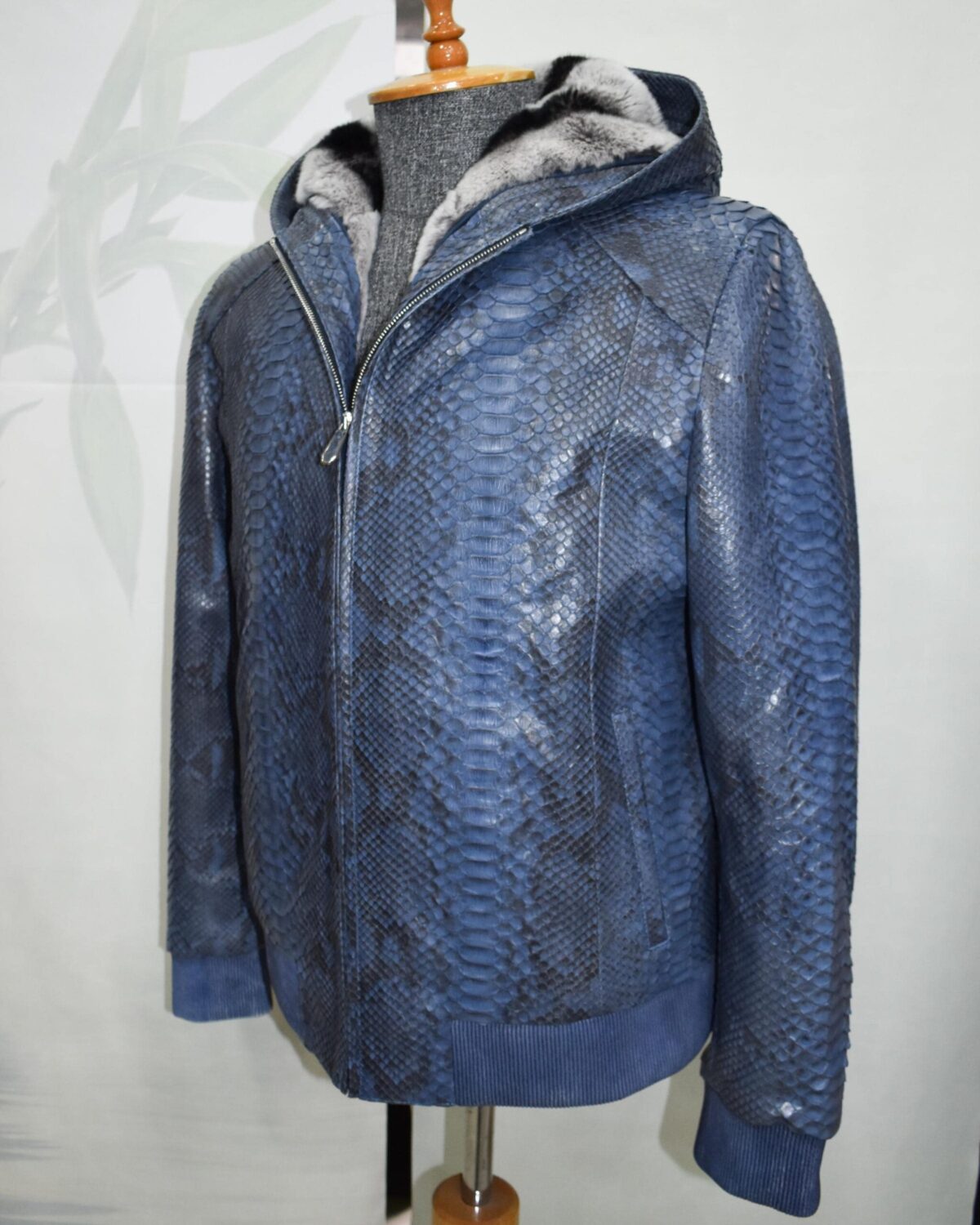 Blue Green Python Bomber Jacket - Rex Rabbit Fur Lined Hooded Exotic Leather Luxury Coat
